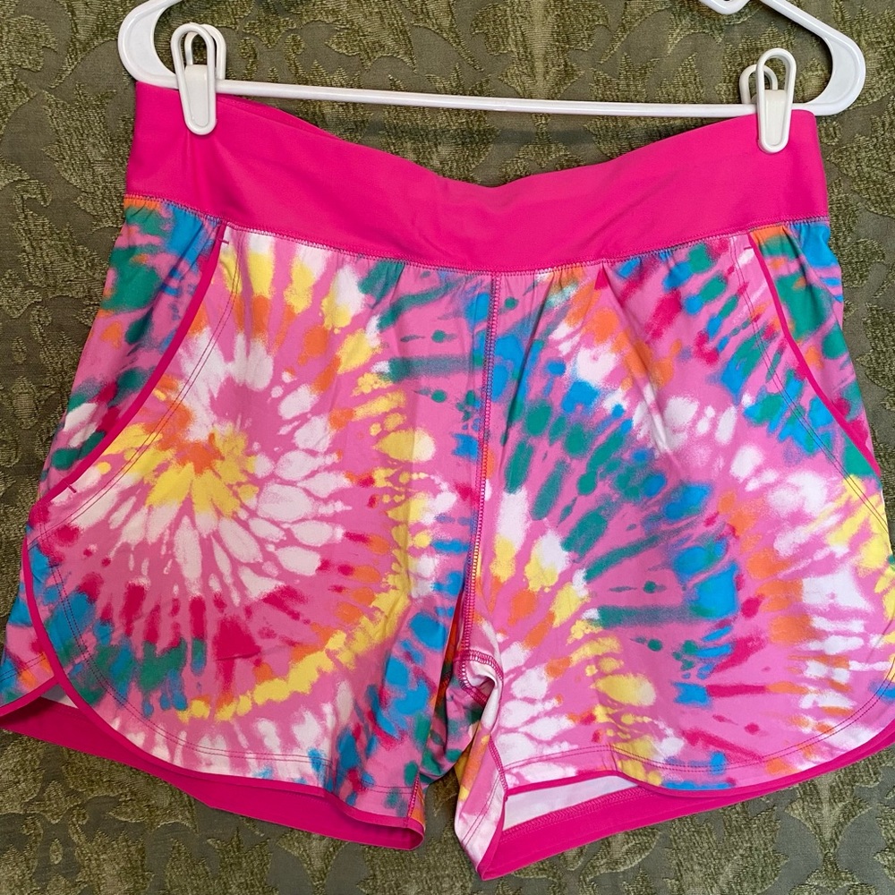 Pink tie dye print, women’s size 12 swim short with panty by Lands End